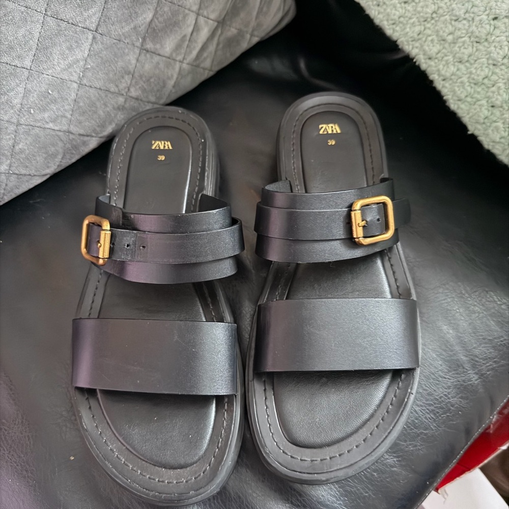 Zara Black Slides with Gold Accent